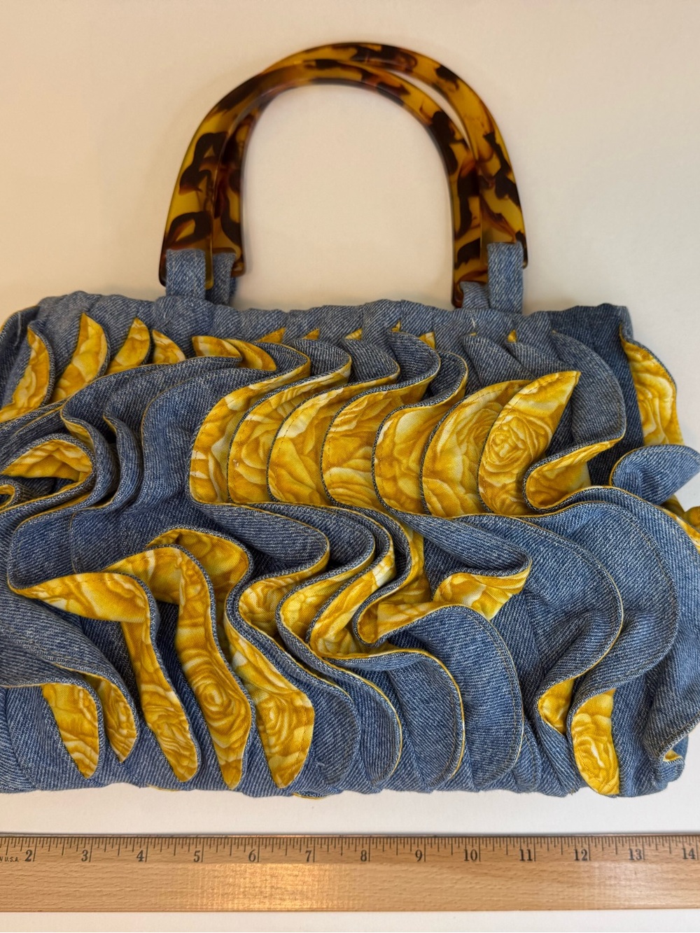Eclectic Yellow Floral-Trim Denim Tote with Tortoise Handles